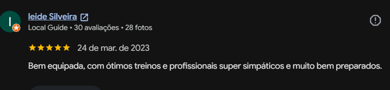 Avaliação de Leide Silveira: Bem equipada, com ótimos treinos e profissionais super simpáticos e muito bem preparados