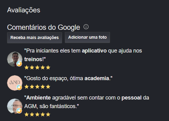 Avaliações do Google destacando o aplicativo para iniciantes, o espaço e o atendimento da AGM Fitness